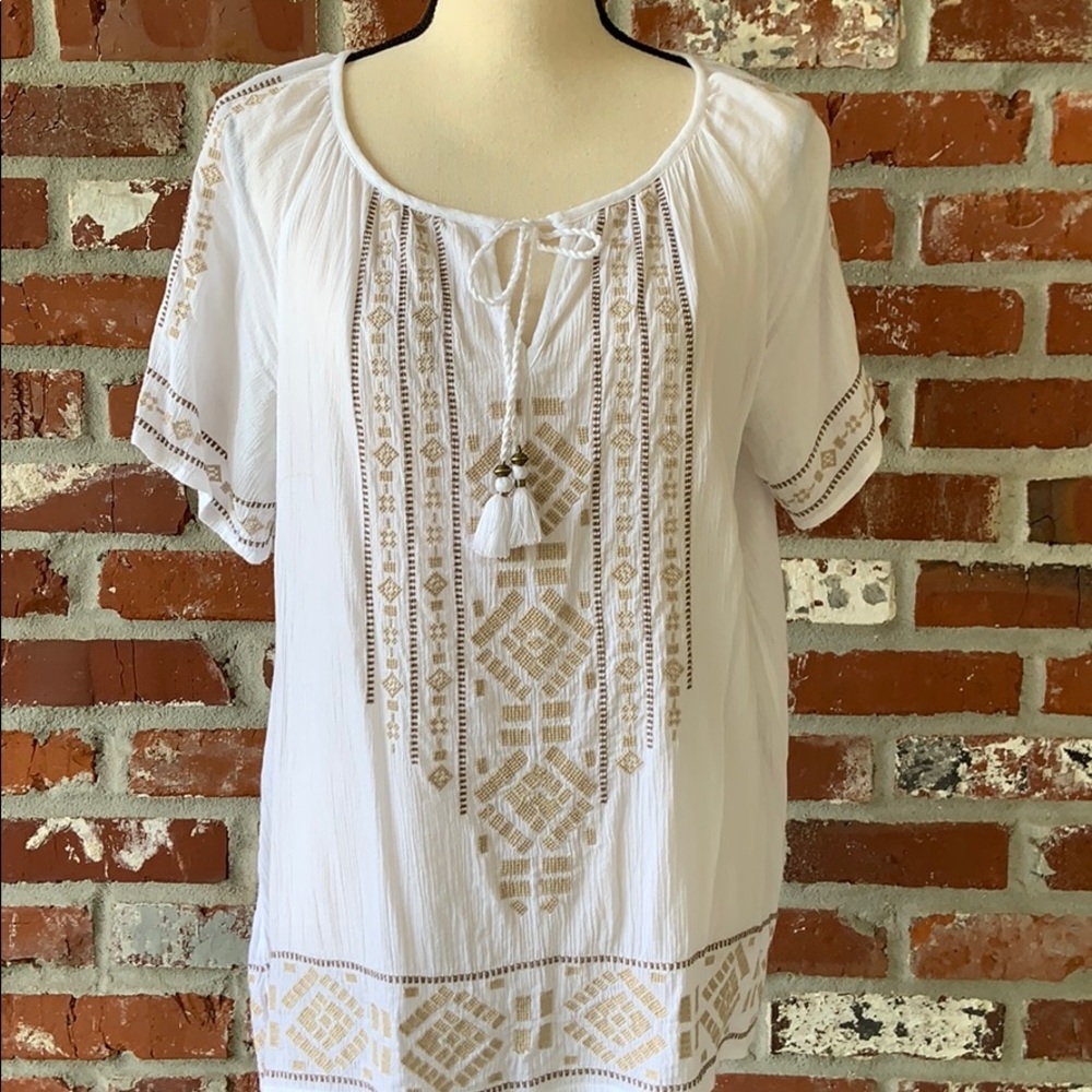 151. J Jill Peasant style blouse with gold embroidered